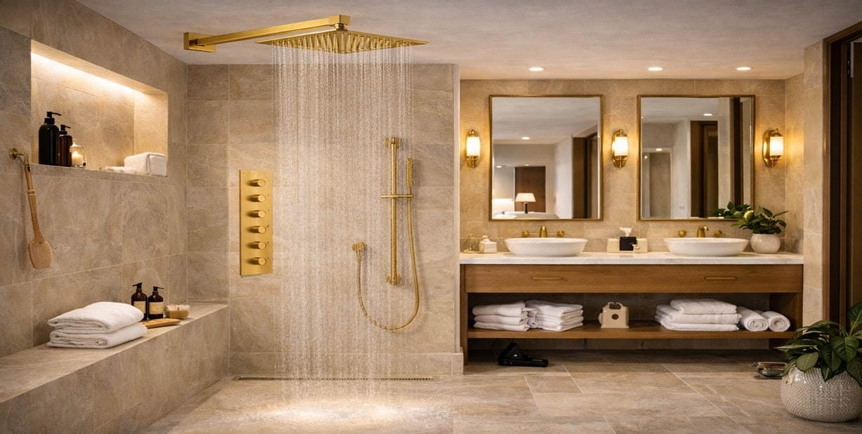 Fontana Borgo brushed gold rainfall shower head shown in a luxury shower environment